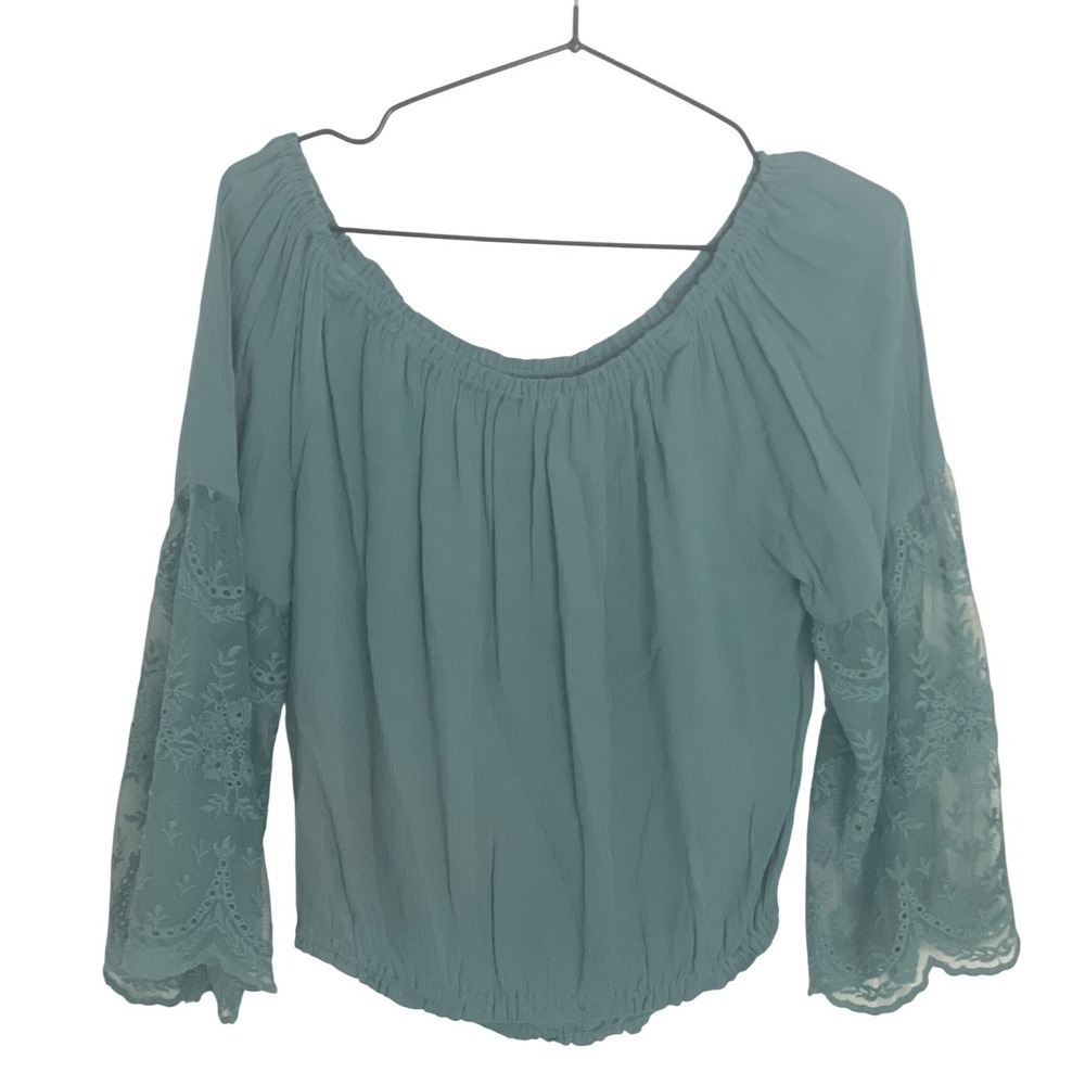 Forever 21 Womens Peasant Blouse Lace Bell Sleeve M Teal Boho Cottagecore Gypsy